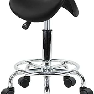 Saddle Stool with Foot Rest PU Leather Swivel Adjustable Rolling Stool (Black)