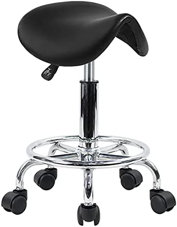 Saddle Stool with Foot Rest PU Leather Swivel Adjustable Rolling Stool (Black)