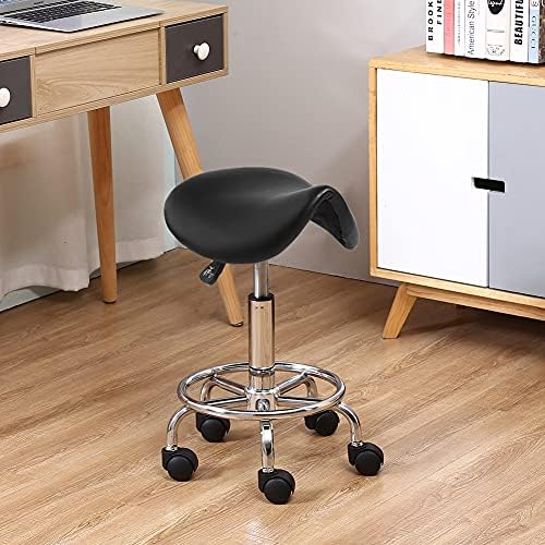 Saddle Stool with Foot Rest PU Leather Swivel Adjustable Rolling Stool (Black)