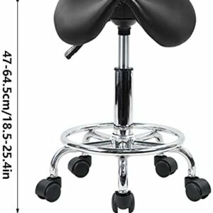 Saddle Stool with Foot Rest PU Leather Swivel Adjustable Rolling Stool (Black)