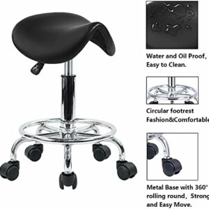 Saddle Stool with Foot Rest PU Leather Swivel Adjustable Rolling Stool (Black)