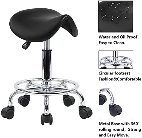 Saddle Stool with Foot Rest PU Leather Swivel Adjustable Rolling Stool (Black)