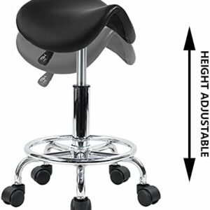 Saddle Stool with Foot Rest PU Leather Swivel Adjustable Rolling Stool (Black)