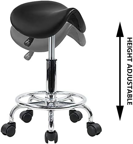 Saddle Stool with Foot Rest PU Leather Swivel Adjustable Rolling Stool (Black)