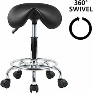 Saddle Stool with Foot Rest PU Leather Swivel Adjustable Rolling Stool (Black)