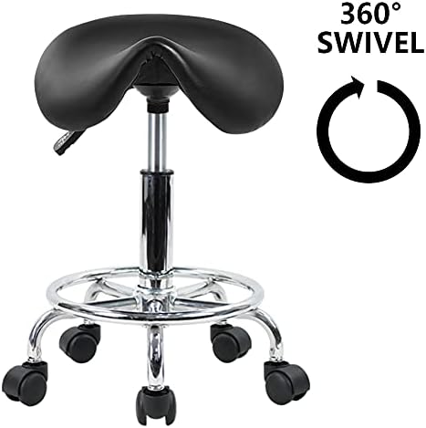 Saddle Stool with Foot Rest PU Leather Swivel Adjustable Rolling Stool (Black)