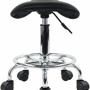 Saddle Stool with Foot Rest PU Leather Swivel Adjustable Rolling Stool (Black)