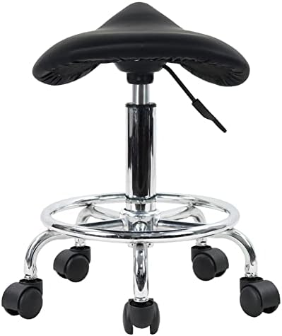 Saddle Stool with Foot Rest PU Leather Swivel Adjustable Rolling Stool (Black)
