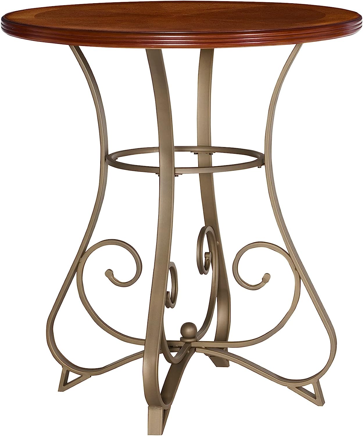 Powell 697-404 Hamilton Pub Table – Brushed Faux Medium Cherry Wood with Matte Pewter & Bronze Metal Legs