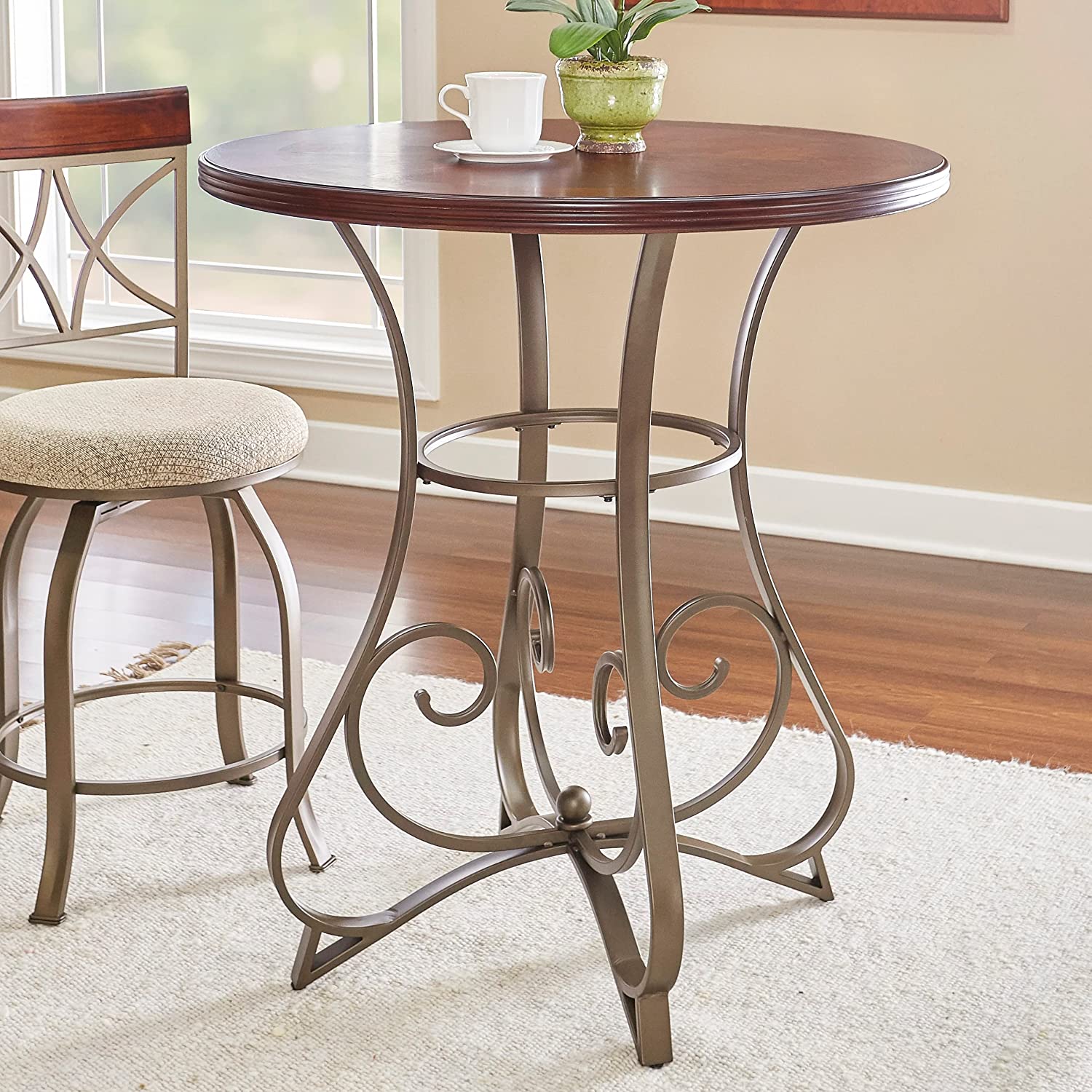 Powell 697-404 Hamilton Pub Table – Brushed Faux Medium Cherry Wood with Matte Pewter & Bronze Metal Legs