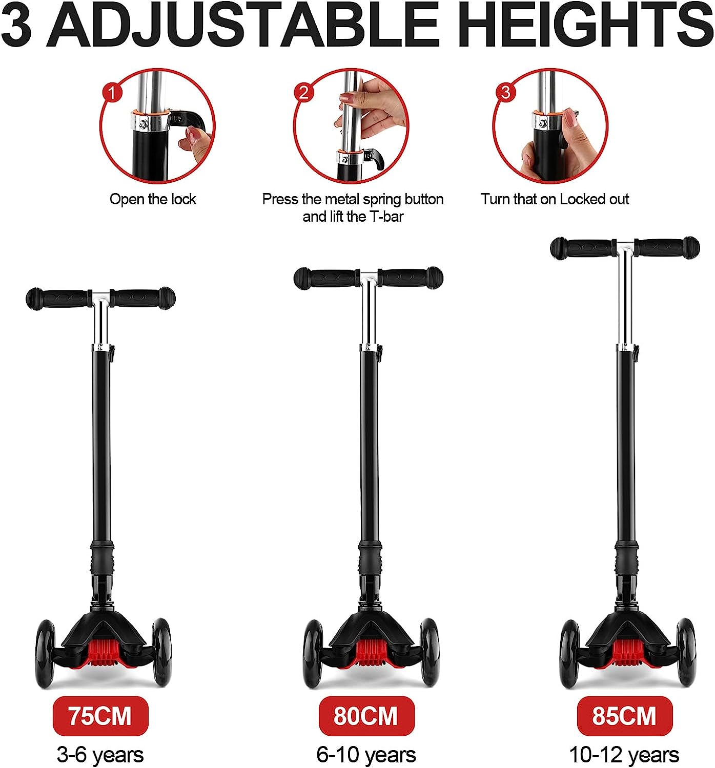 Kick Scooter for Kids 3 Wheels Folding Ages 3-12 Years Old Toddler with Three LED Light Wheels