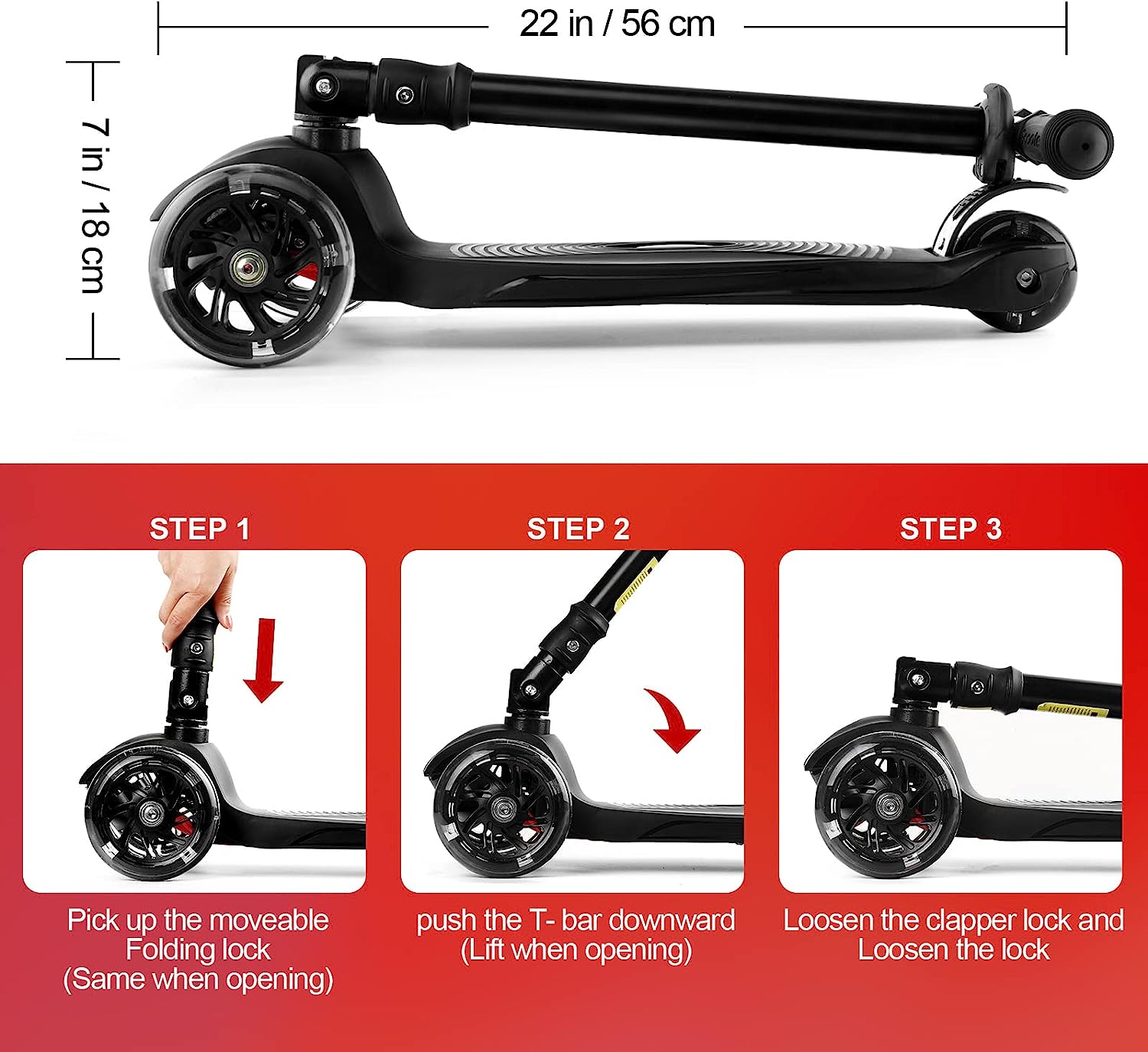 Kick Scooter for Kids 3 Wheels Folding Ages 3-12 Years Old Toddler with Three LED Light Wheels