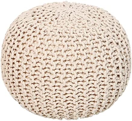 Round Pouf Ottoman – Cable Knitted Boho Poof – 100% Cotton Pouf (19″ x 19″ x 14″) – Ivory