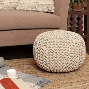 Round Pouf Ottoman – Cable Knitted Boho Poof – 100% Cotton Pouf (19″ x 19″ x 14″) – Ivory