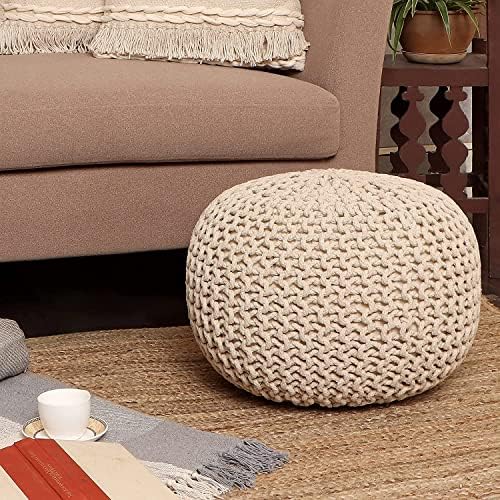 Round Pouf Ottoman – Cable Knitted Boho Poof – 100% Cotton Pouf (19″ x 19″ x 14″) – Ivory