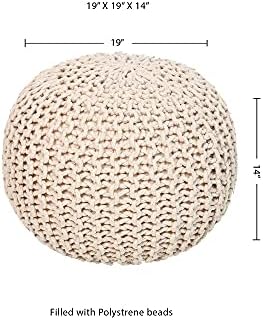 Round Pouf Ottoman – Cable Knitted Boho Poof – 100% Cotton Pouf (19″ x 19″ x 14″) – Ivory