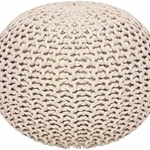 Round Pouf Ottoman – Cable Knitted Boho Poof – 100% Cotton Pouf (19″ x 19″ x 14″) – Ivory