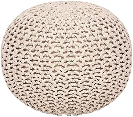 Round Pouf Ottoman – Cable Knitted Boho Poof – 100% Cotton Pouf (19″ x 19″ x 14″) – Ivory