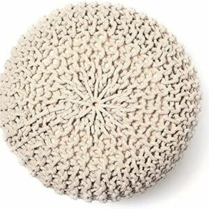 Round Pouf Ottoman – Cable Knitted Boho Poof – 100% Cotton Pouf (19″ x 19″ x 14″) – Ivory
