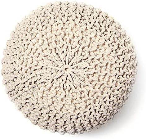 Round Pouf Ottoman – Cable Knitted Boho Poof – 100% Cotton Pouf (19″ x 19″ x 14″) – Ivory