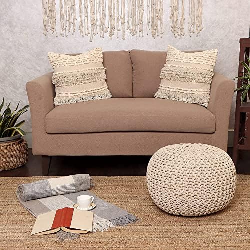 Round Pouf Ottoman – Cable Knitted Boho Poof – 100% Cotton Pouf (19″ x 19″ x 14″) – Ivory