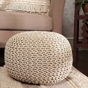 Round Pouf Ottoman – Cable Knitted Boho Poof – 100% Cotton Pouf (19″ x 19″ x 14″) – Ivory