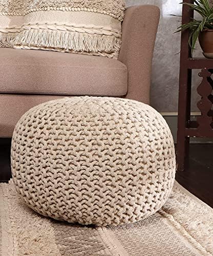 Round Pouf Ottoman – Cable Knitted Boho Poof – 100% Cotton Pouf (19″ x 19″ x 14″) – Ivory