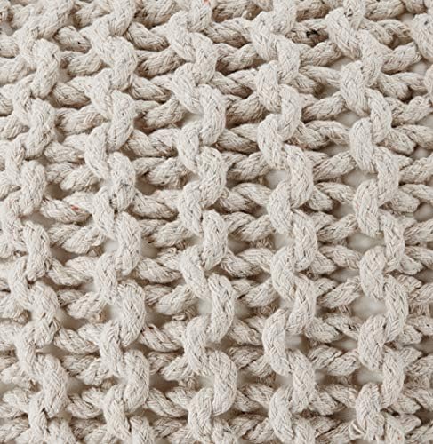 Round Pouf Ottoman – Cable Knitted Boho Poof – 100% Cotton Pouf (19″ x 19″ x 14″) – Ivory
