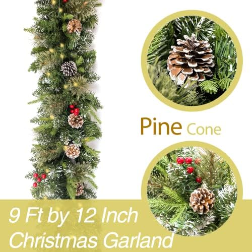 HomeKaren Indoor and Outdoor Christmas Garland Snowy 9ft with 50 Lights and Timer