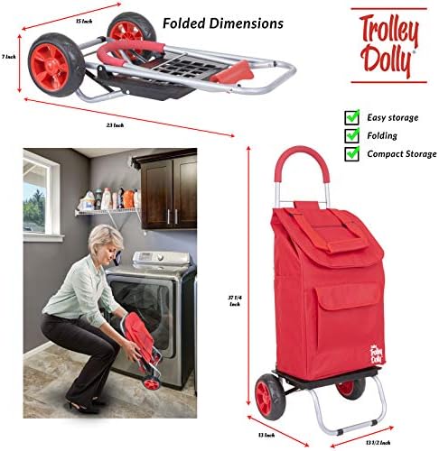 Trolley Dolly Red Foldable Shopping Cart for Groceries with Wheels and Removable Bag