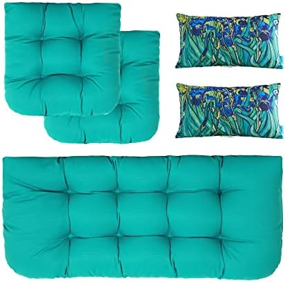 Outdoor All Weather Loveseat Bench Cushions – Set of 5 Wicker Tufted Pillows for Patio Furniture