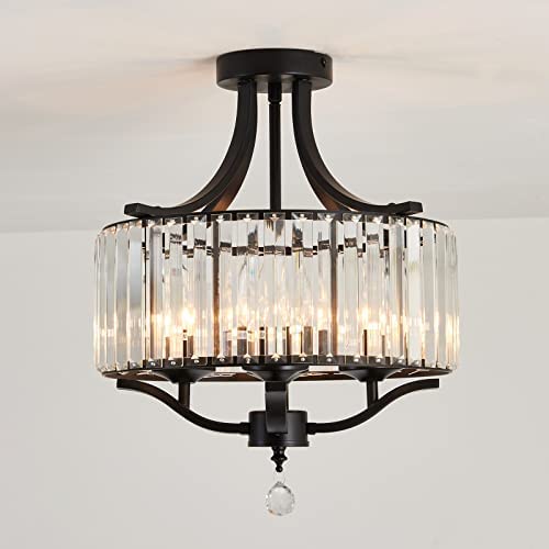 Modern Metal Farmhouse Crystal Chandelier Black – Semi Flush Mount