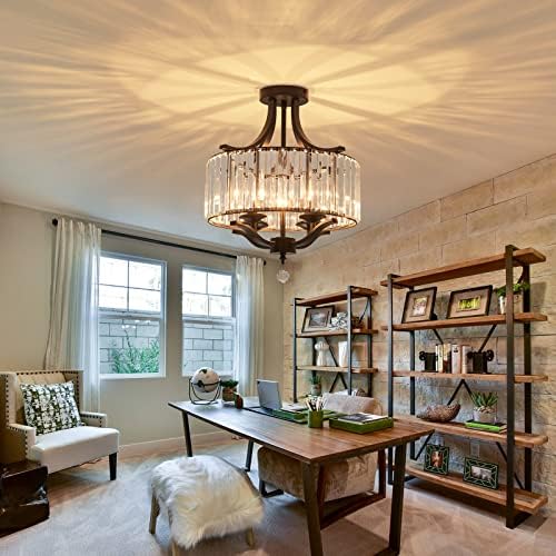 Modern Metal Farmhouse Crystal Chandelier Black – Semi Flush Mount
