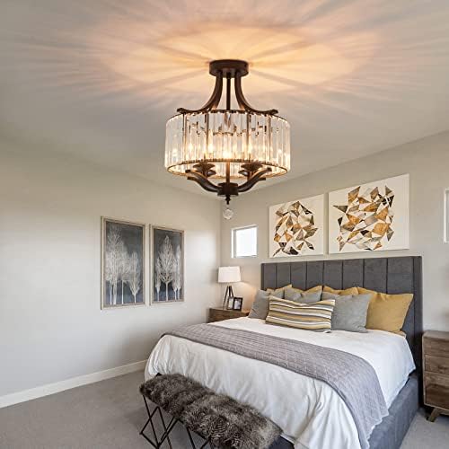 Modern Metal Farmhouse Crystal Chandelier Black – Semi Flush Mount