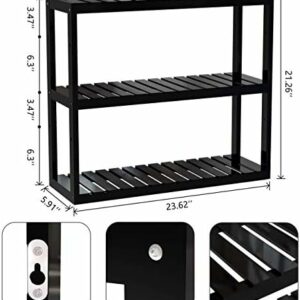 Bathroom Bamboo Shelf Organizer – 3 Tier Storage Shelf with Adjustable Wall Mounted Shelf Rack – Black