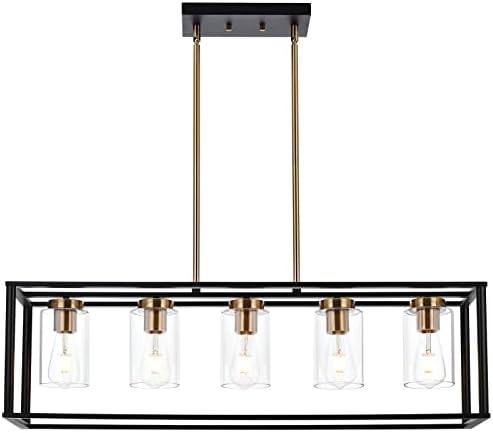 VINLUZ Farmhouse Chandelier for Kitchen Island with Clear Glass and Black Shade