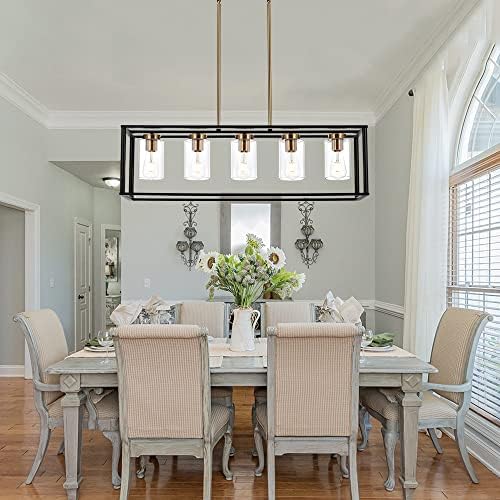 VINLUZ Farmhouse Chandelier for Kitchen Island with Clear Glass and Black Shade