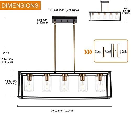 VINLUZ Farmhouse Chandelier for Kitchen Island with Clear Glass and Black Shade