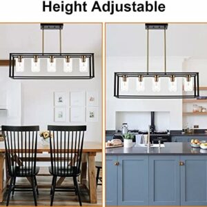 VINLUZ Farmhouse Chandelier for Kitchen Island with Clear Glass and Black Shade