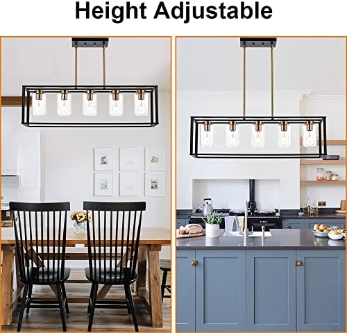 VINLUZ Farmhouse Chandelier for Kitchen Island with Clear Glass and Black Shade