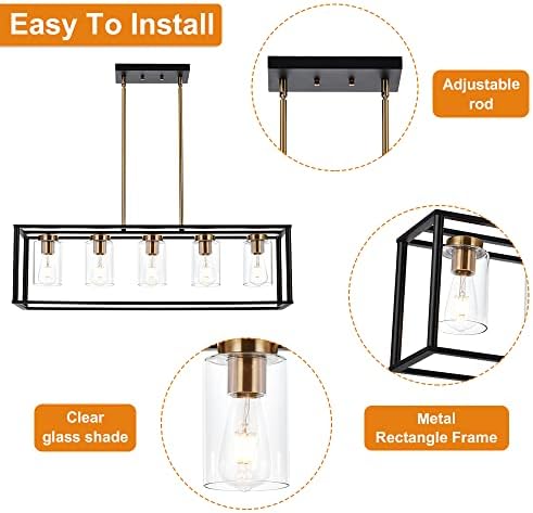 VINLUZ Farmhouse Chandelier for Kitchen Island with Clear Glass and Black Shade