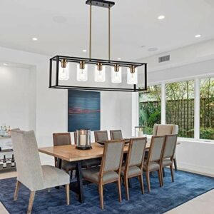 VINLUZ Farmhouse Chandelier for Kitchen Island with Clear Glass and Black Shade