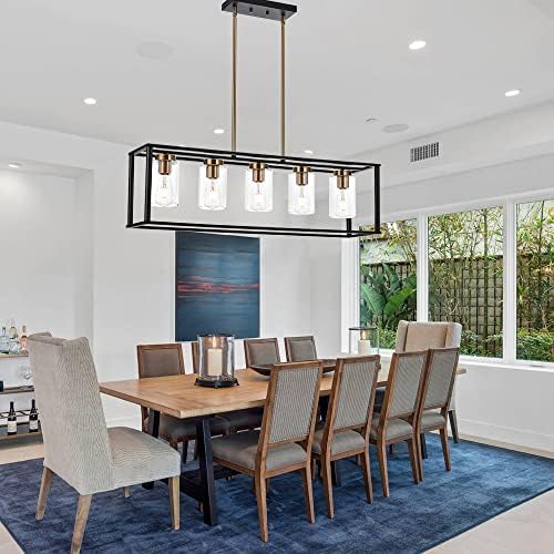 VINLUZ Farmhouse Chandelier for Kitchen Island with Clear Glass and Black Shade