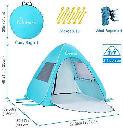 WolfWise UPF 50+ Easy Pop Up Beach Tent Sun Shelter Cabana