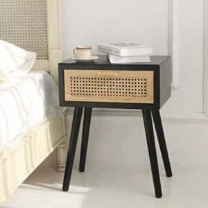 Mid Century Modern Black Ratan Nightstand with One Drawer