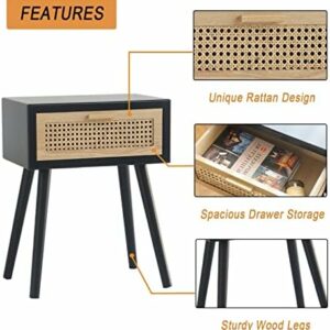 Mid Century Modern Black Ratan Nightstand with One Drawer