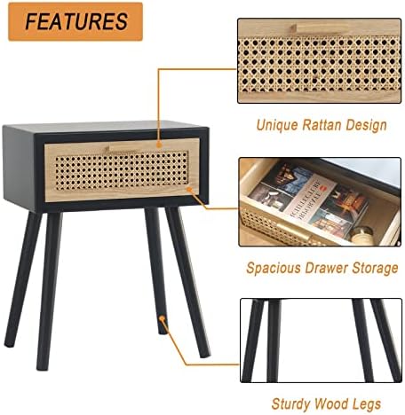 Mid Century Modern Black Ratan Nightstand with One Drawer
