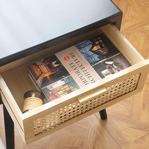 Mid Century Modern Black Ratan Nightstand with One Drawer