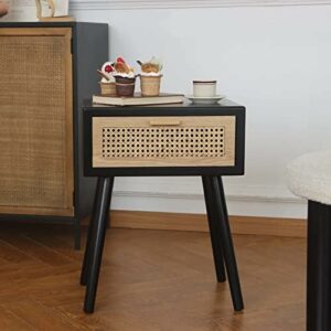 Mid Century Modern Black Ratan Nightstand with One Drawer