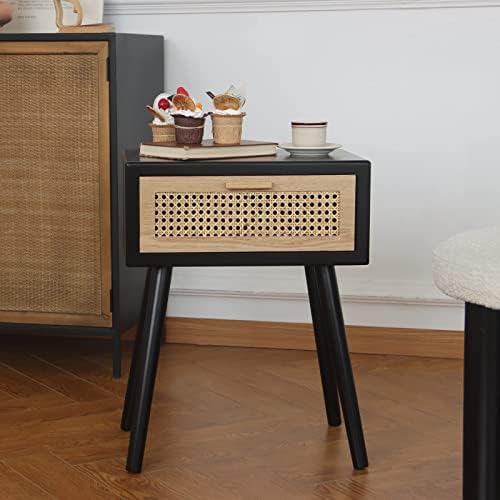 Mid Century Modern Black Ratan Nightstand with One Drawer